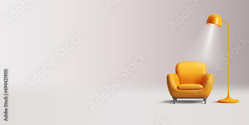 3d render illustration of armchair with lamp and ray of lights, yellow interior modern design photo