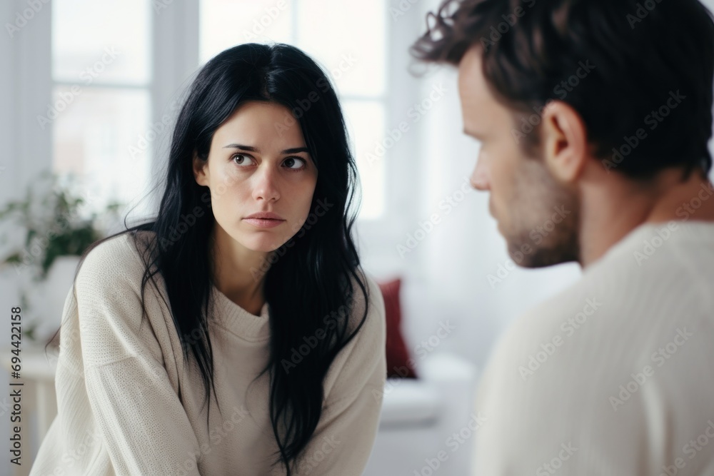 Sad young woman and man argument, сlose up husband in front and upset wife behind looks away, sits at sofa quarrel at home. Family conflict, crisis, psychological abuse, relationships concept Sad young woman and man argument, сlose up husband in front and upset wife behind looks away, sits at sofa quarrel at home. Family conflict, crisis, psychological abuse, relationships concept