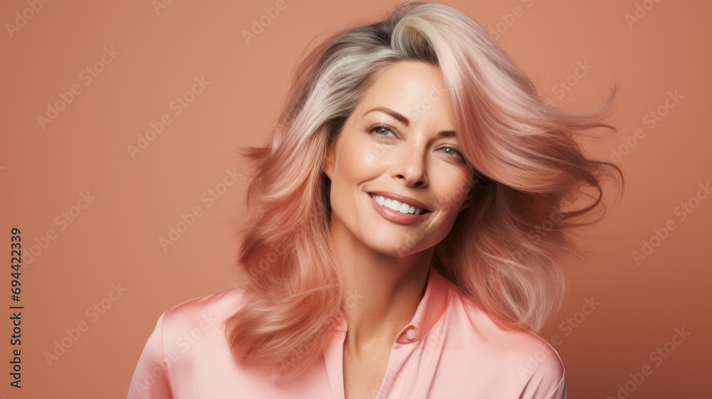 Beautiful Woman Face close up studio on peach background. Makeup. Beauty Portrait of female Face with smokey eyes and arrows, beautiful natural plump lips. Isolated Beautiful Woman Face close up studio on peach background. Makeup. Beauty Portrait of female Face with smokey eyes and arrows, beautiful natural plump lips. Isolated