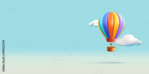 Hot Air Balloon with basket 3d render illustration flying in the sky in clouds, render composition