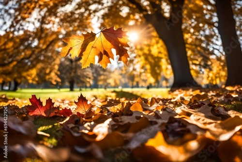 Lively closeup of autumn leaves falling on the ground in a park, with a majestic oak tree on a meadow in the background lit by the sun