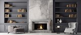 Chic expensive interior of a luxurious country house with modern design, featuring a stylish bookcase, marble wall fireplace, and gray furniture.
