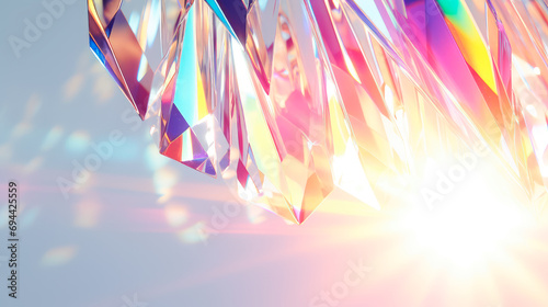 A prism disperses bright sunlight into a spectrum of colors, creating a vivid play of light and rainbow hues on a soft background. photo