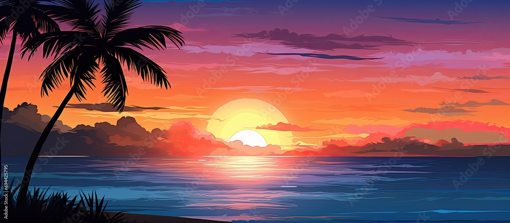 Tropical sunset with palm tree and vibrant colors.