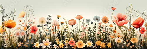 Wide panoramic banner of different types of pink and yellow flowers  simple flower illustrations drawing in white background 