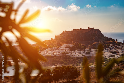 Acropolis of Lindos and city on the island of Rhodes in Greece.