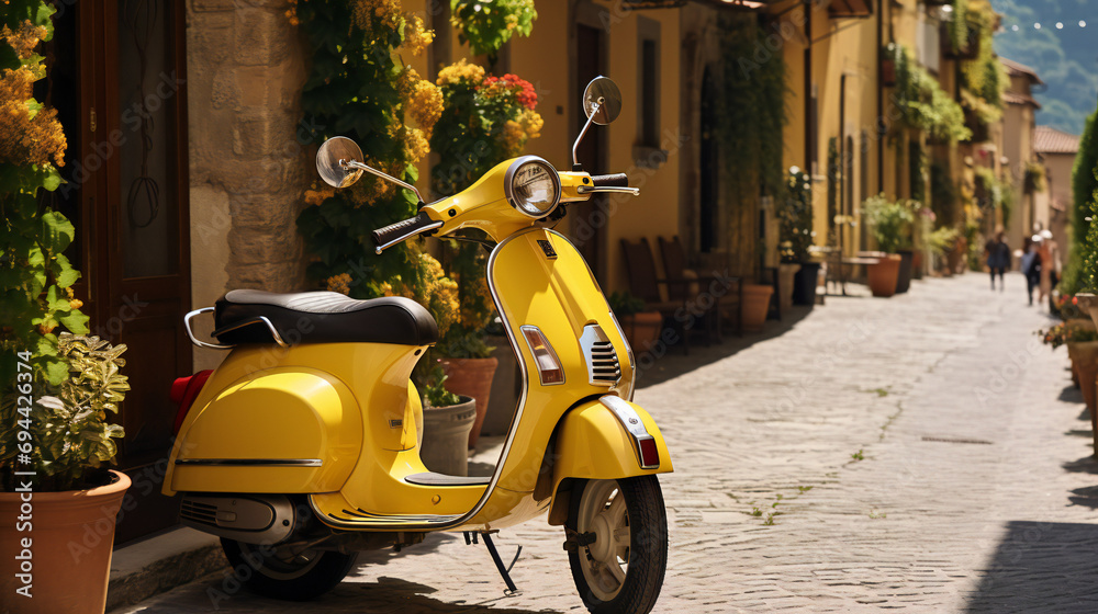 Yellow Vespa Scooter At A Tiny Italian Street