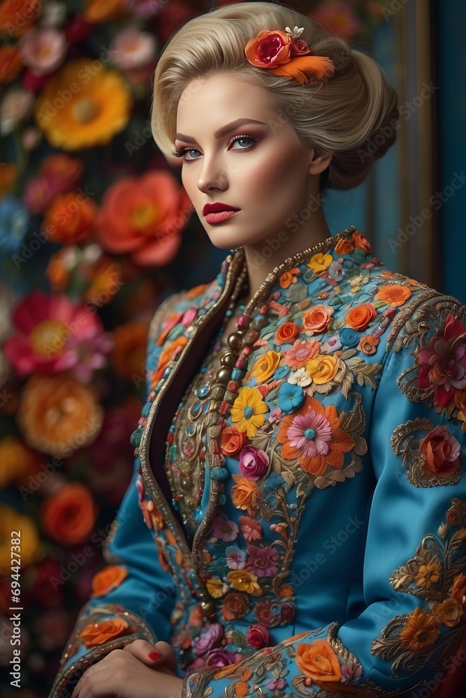 Close-up portrait of a beautiful charming blonde woman with curly hair, wearing a multicolored dress on a dark blue background. High fashion, style, glamour, model concepts.