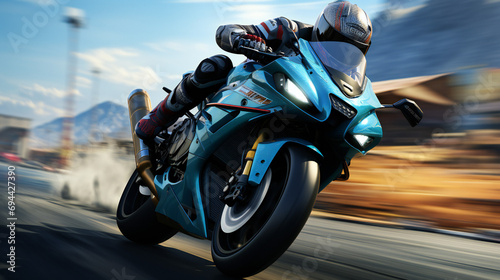 A Blue Racing Motorcycle in Motion Is Going Fast on the Road  photo