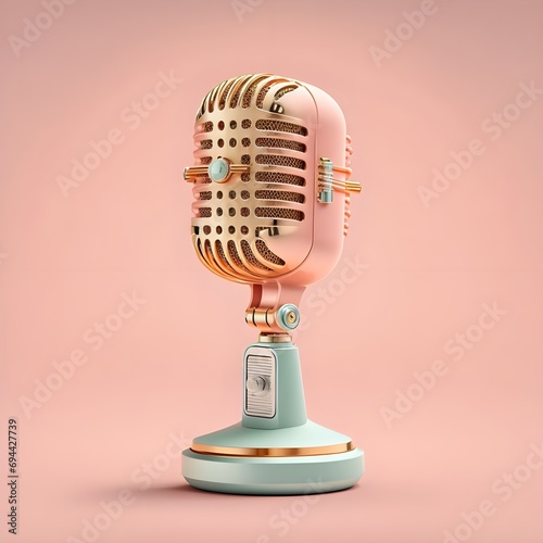 Micrófono de radio, tv show, podcast, rosa en fondo rosado, femenino . Modelo 3d render realista. Elaborado con tecnología IA 
