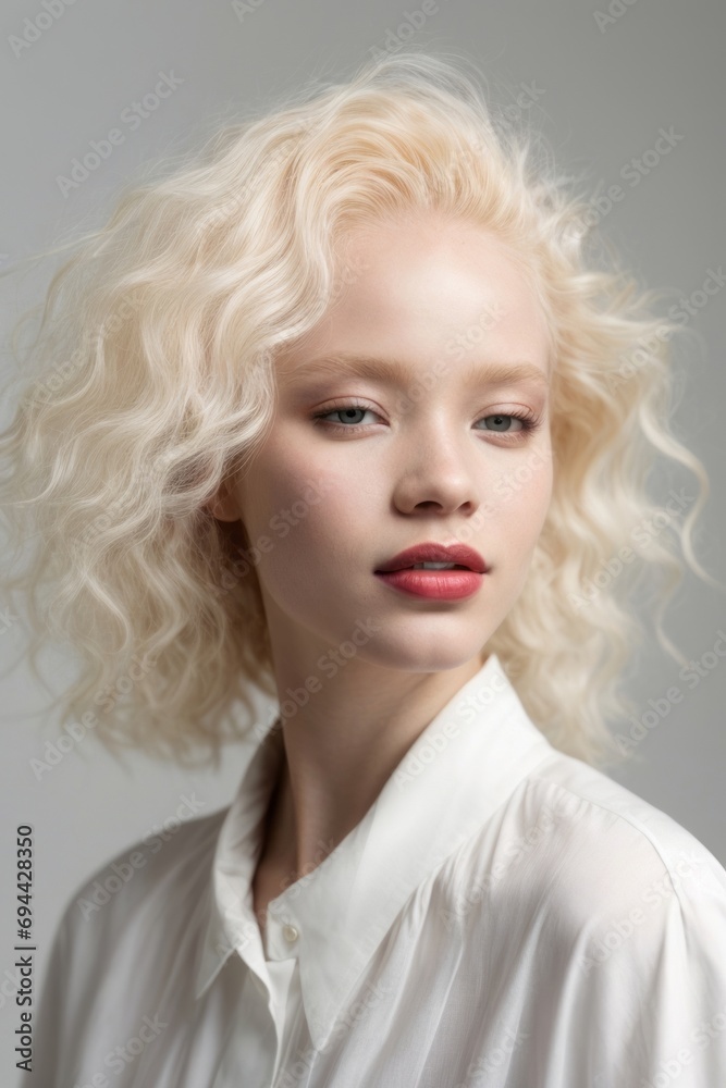 A close-up portrait of a beautiful blonde albino woman with makeup, red lips on a white background. Cosmetics, beauty, fashion, style concepts. A close-up portrait of a beautiful blonde albino woman with makeup, red lips on a white background. Cosmetics, beauty, fashion, style concepts.