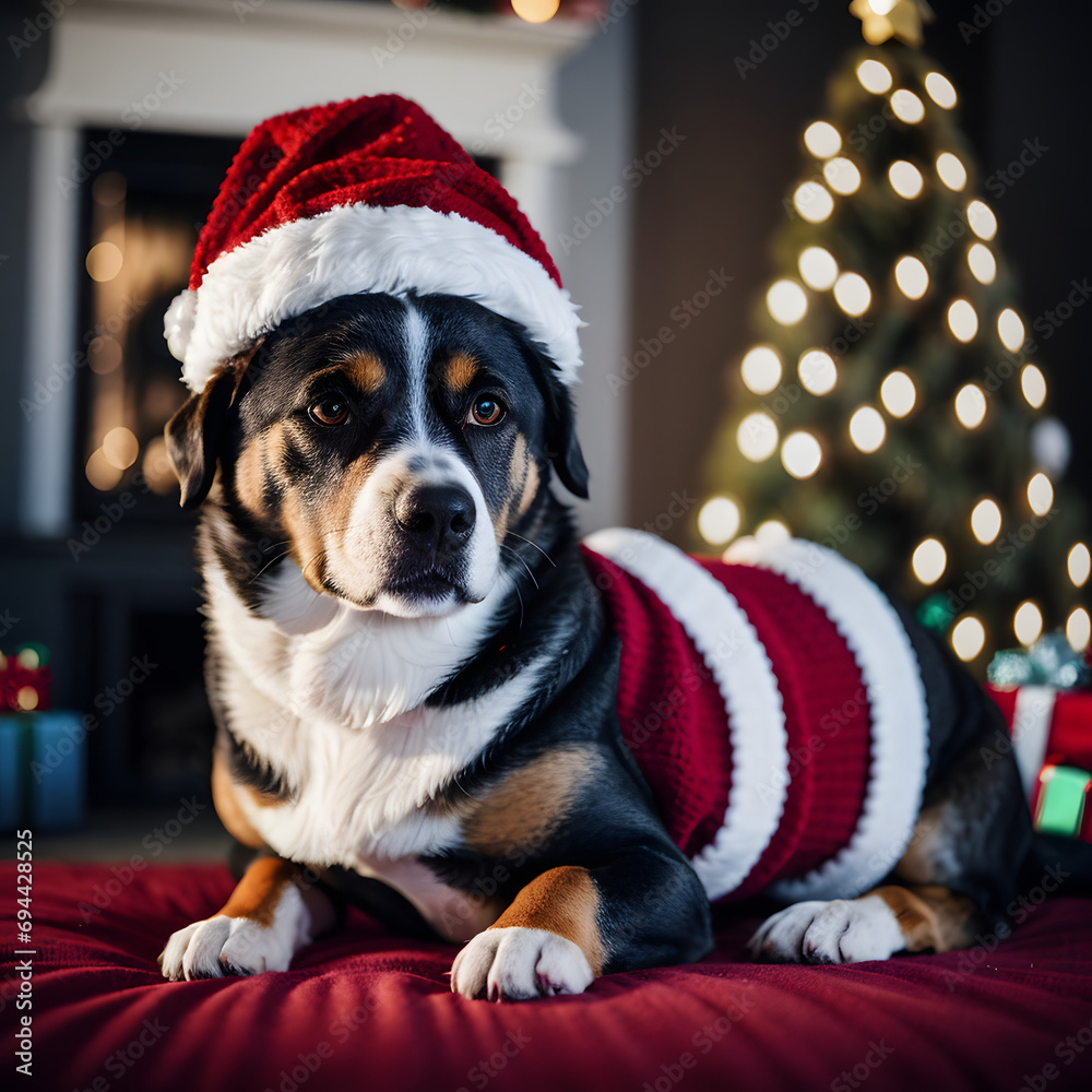 Dogs in Christmas wear, holiday scenes.