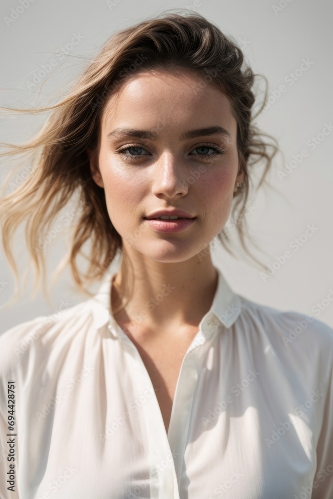 A beautiful woman with curly hair looks at the camera. A beautiful woman with curly hair looks at the camera.