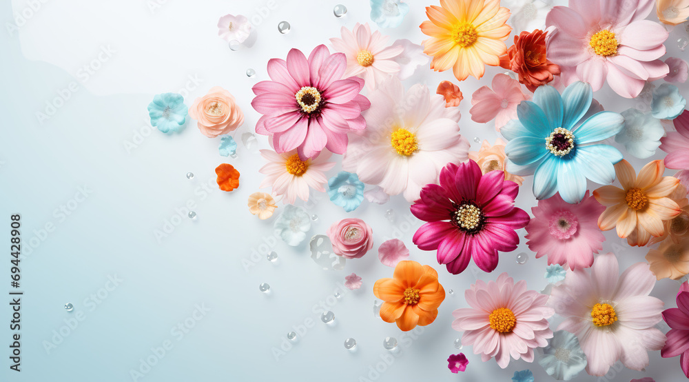 Colorful flowers floating in the air on the white background, copy space