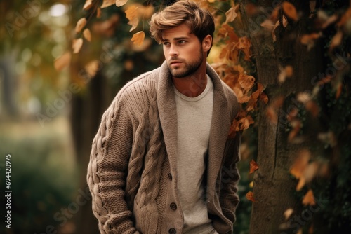 Male model in a cozy autumn look with a chunky knit cardigan photo