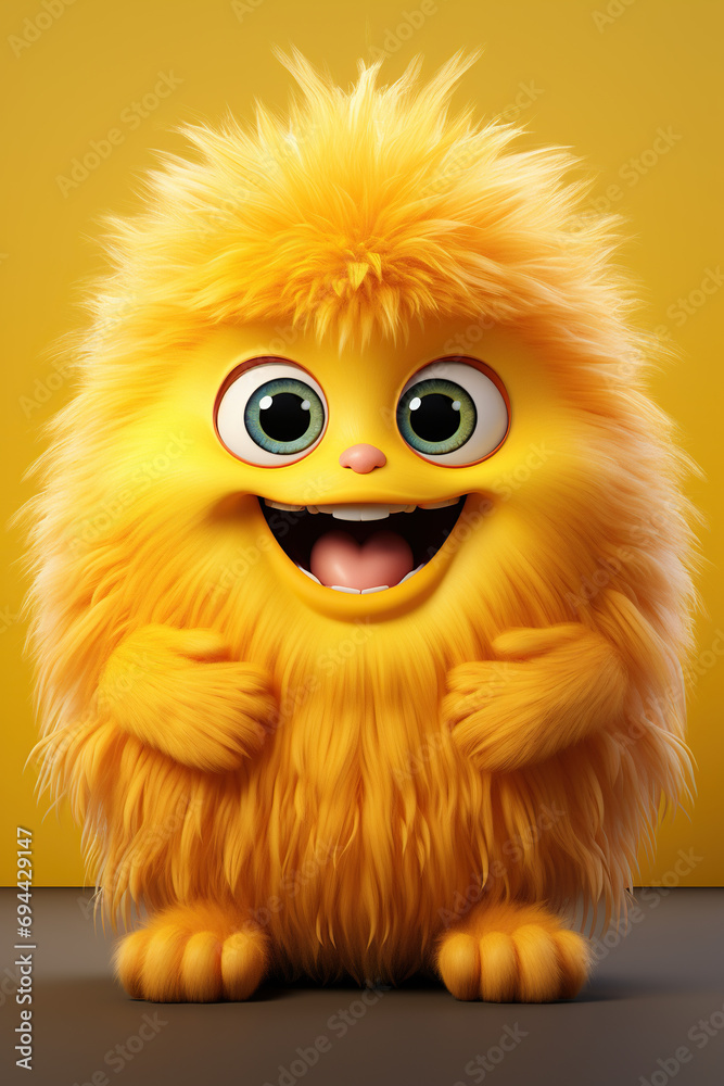 Cute yellow furry monster 3D cartoon character