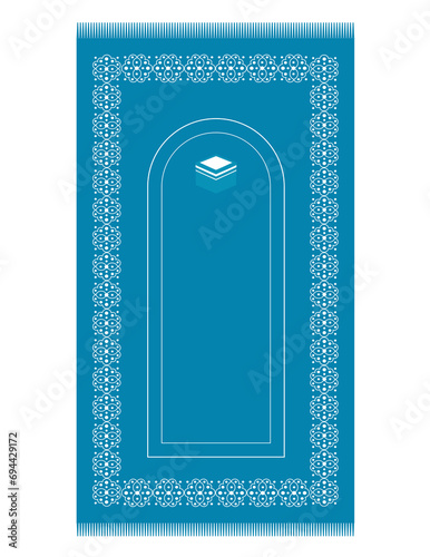 Muslim blue prayer mat with decorative elements. Islamic textile.