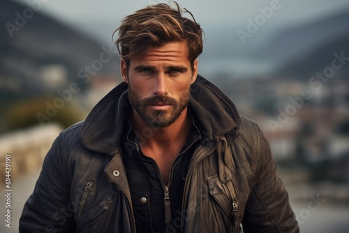 Male model in a rugged outdoor look with a leather jacket