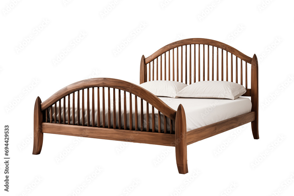 A substantial handmade double bed frame crafted from dark brown stained oak wood, featuring tall arched slatted back panels connected to the bedposts; does not include mattresses or bedding. A substantial handmade double bed frame crafted from dark brown stained oak wood, featuring tall arched slatted back panels connected to the bedposts; does not include mattresses or bedding.