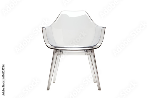 A modern chair featuring clear acrylic material with steel legs and armrests, complete with transparent seat and backrest panels. photo