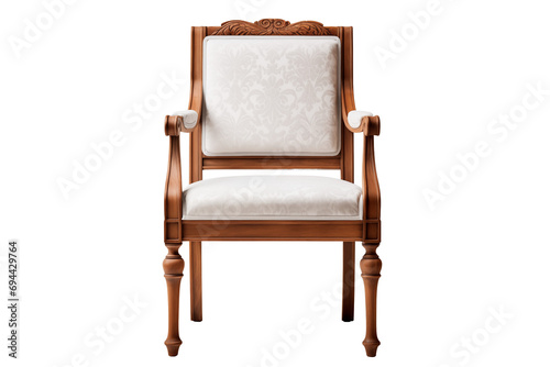 Vintage wooden dining chair with fabric upholstery and carved oak frame.