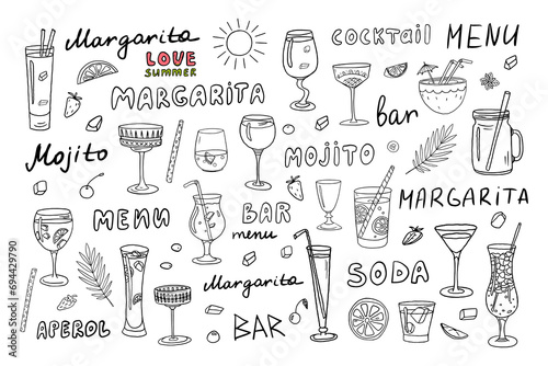 Big set with acoholic and non-acoholic cocktails with ice cubes, mint, fruits, straw and lettering. Great for bar menu design, packaging. Vector illustration. Hand drawn. Doodle style