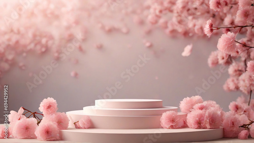 podium for product presentation, cherry blossom petal background, 3d render