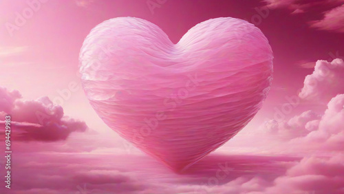Pink heart with clouds in the sky. 3D render illustration.