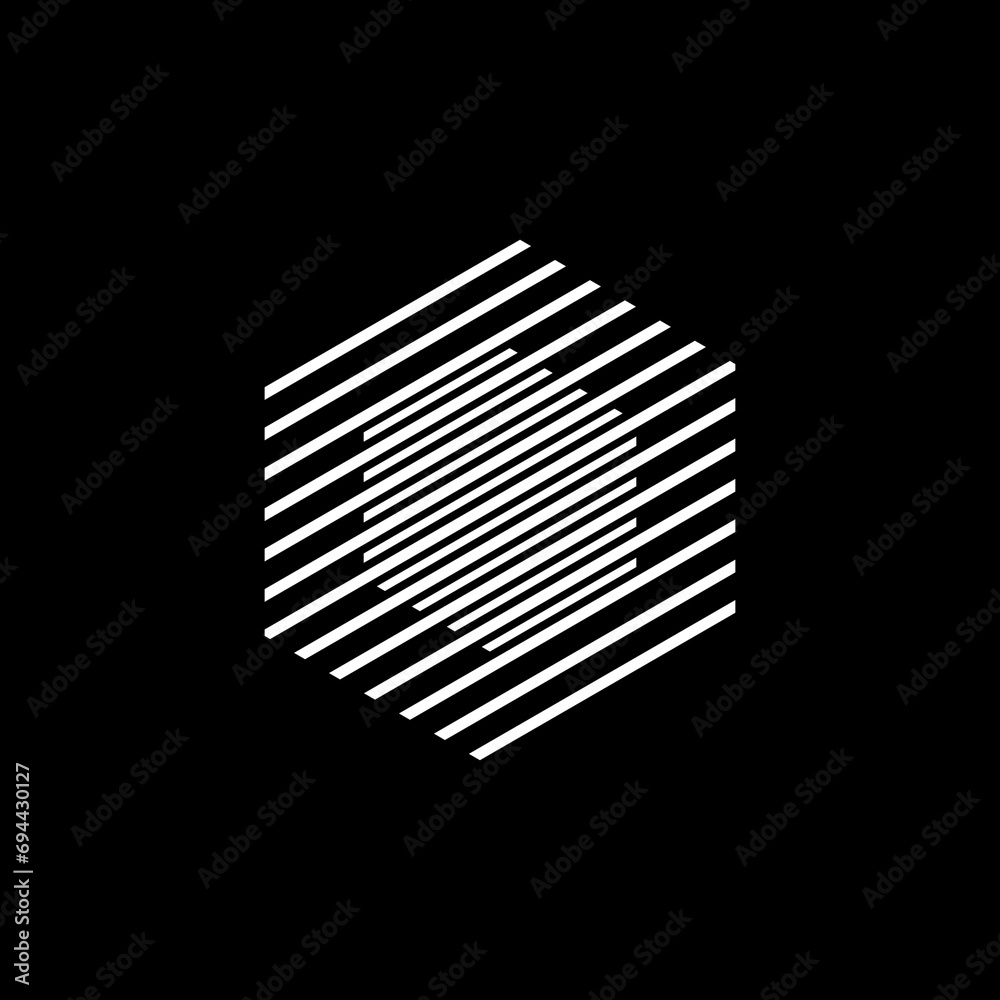 Hexagon within a hexagon made up of white lines. Vector Minimalistic Linear double hexagon shape on black background. Simple Modern Style shape for your logotype or icon.