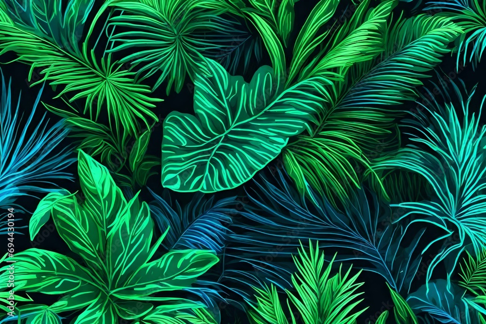 Neon Light in Green and Blue with Tropical Leaves