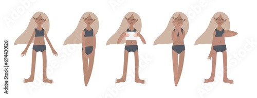 Five tanned European girls in swimsuits. Calm standing poses: thumbs up, piece of paper in hands. Tanned skin and blond hair. Vector illustration in flat style