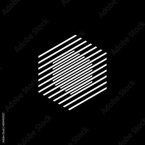 Hexagon within a hexagon made up of white lines. Vector Minimalistic Linear double hexagon shape on black background. Simple Modern Style shape for your logotype or icon. (ID: 694430127)