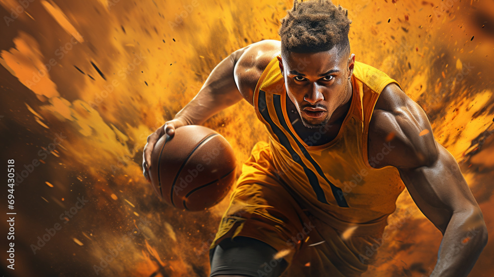 Portrait of male basketball player playing with a ball. Fit young man in sportswear holding basketball - obrazy, fototapety, plakaty 
