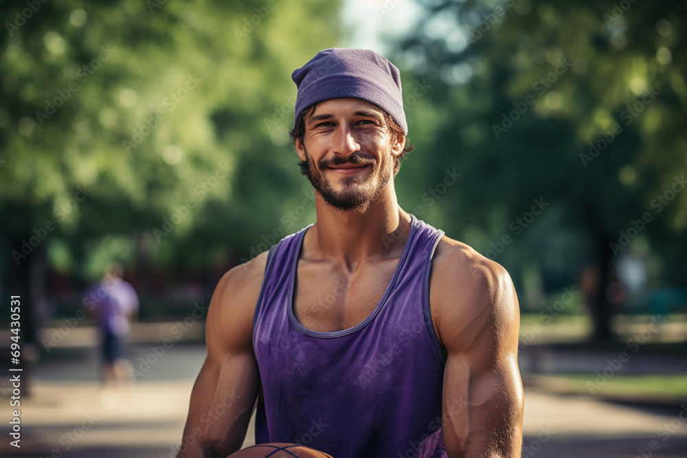 Handsome man carrying a basketball ball and looking at camera Handsome man carrying a basketball ball and looking at camera