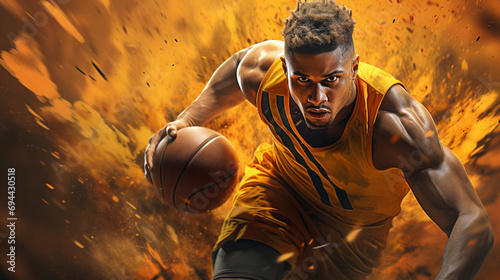 Portrait of male basketball player playing with a ball. Fit young man in sportswear holding basketball photo