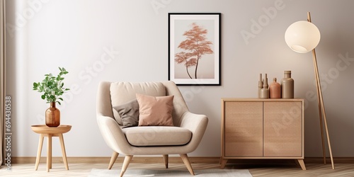Cozy living room with mock-up poster frame  wooden commode  beige sofa  modern armchair  rug  pillows  wooden stand  pouf  black lamp  and personal accessories in an interior design template for home
