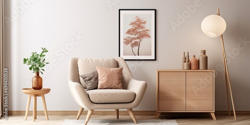 Cozy living room with mock-up poster frame, wooden commode, beige sofa, modern armchair, rug, pillows, wooden stand, pouf, black lamp, and personal accessories in an interior design template for home