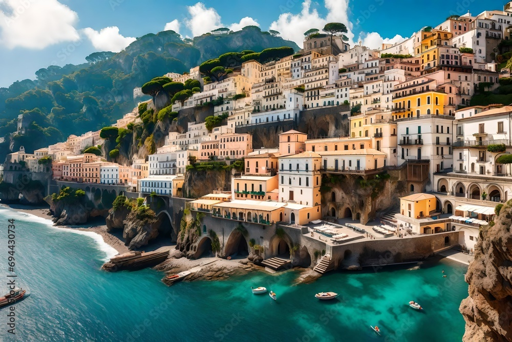 Landscape with Atrani town at famous amalfi coast, Italy