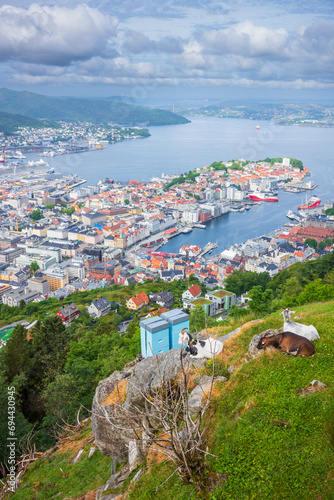 The view from Mount Floyen overlooing the  city of Bergen, Norway, taken in the summer. photo