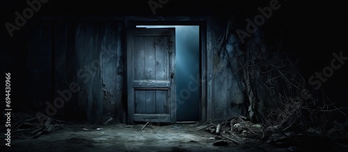 Dark, spooky door of a worn-down, abandoned house at night.