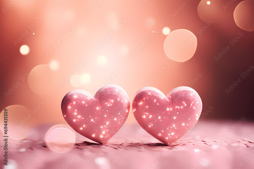 pink valentine background with hearts, Two Hearts On Pink Glitter In Shiny Background, Two Pink Hearts in bokeh background | Valentine's day | Love | Heart shaped bokeh