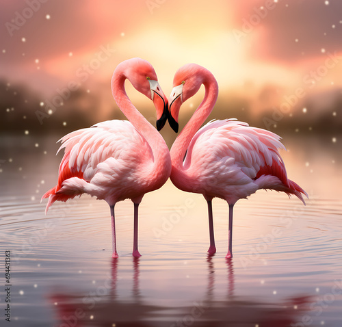 Flamingos background, cute flamingo lovers on pink background, valentines day concept, Two flamingos standing in water at sunset. Beautiful pink flamingo