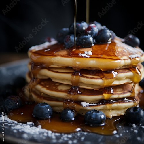Scrumptious pancakes adorned with plump blueberries, and a lavish honey syrup drizzle. Perfect for illustrating recipes, breakfasts, or desserts.