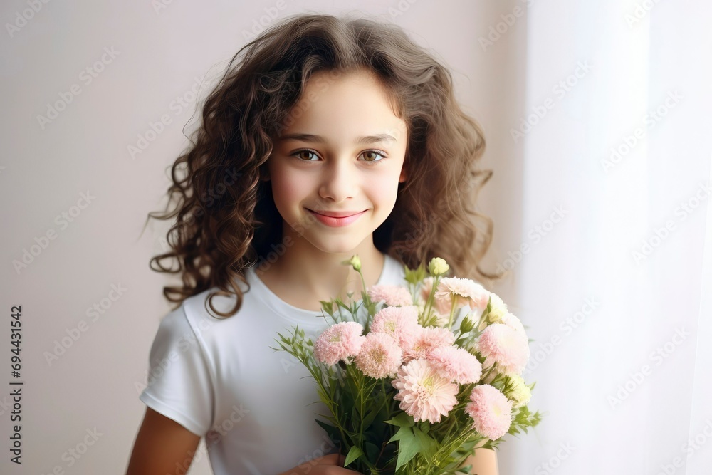 Portrait of attractive cheerful girl child holding flowers copy space deciding on pastel color background. Portrait of attractive cheerful girl child holding flowers copy space deciding on pastel color background.