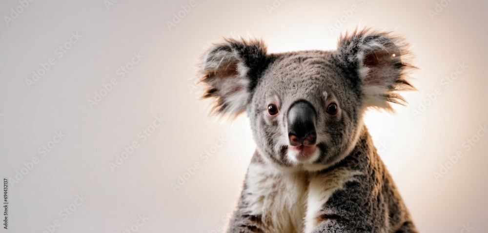 Fototapeta premium a close up of a koala bear on a white background with a light shining on it's face.