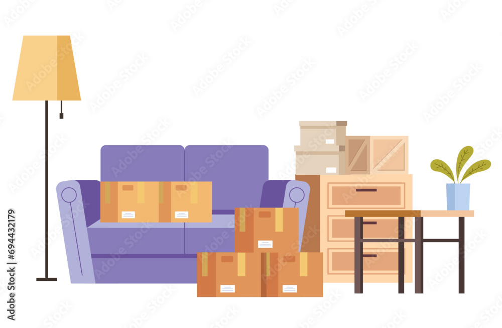 Fototapeta premium House furniture stuff box home package concept. Vector flat graphic design illustration 