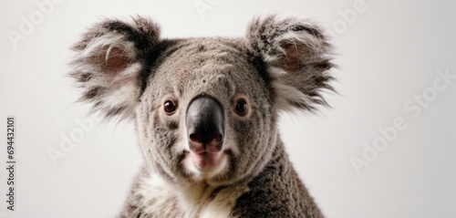  a close - up of a koala's face, with its eyes wide open, on a white background.