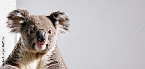  a close up of a koala on a white background with a blurry image of it's face.