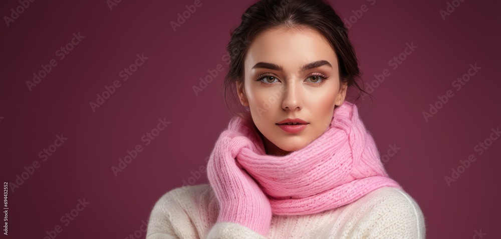 a woman wearing a pink scarf and a white sweater is looking at the camera with a serious look on her face. a woman wearing a pink scarf and a white sweater is looking at the camera with a serious look on her face.