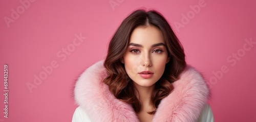  a woman in a white coat with a pink fur stole around her neck and a pink wall in the background. photo